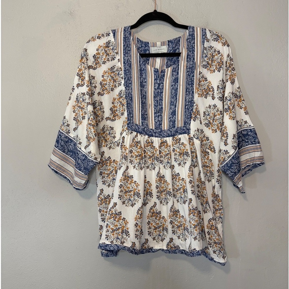 Lucky Brand Womens Large Blue Orange Floral Boho Peasant Blouse 3/4 Sleeve Top